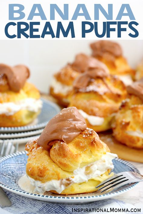 Banana Cream Puffs, Cream Puff Pie, Homemade Cream Puffs, Banana Mousse, Cream Puff Cakes, Puff Pastry Cream Puffs, Banana Treats, Banana Pie, Cream Puff Recipe