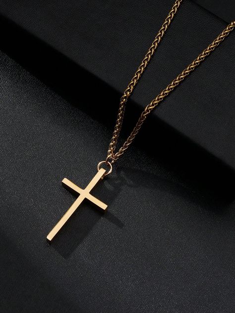 Yellow Gold  Collar  Stainless Steel   Embellished   Men's Fashion Jewelry Stainless Steel Cross Pendant, Mens Fashion Jewelry, Steel Cross, Gold Collar, Necklace For Men, Mens Pendant, Gold Cross, Cross Pendant Necklace, Men Necklace