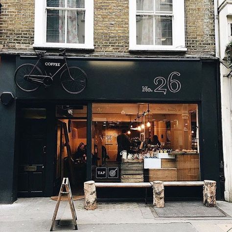 Takeaway Cafe Design, London Coffee Shop, Coffee Signage, Bicycle Shop, Online Shop Design, Shop Fronts, Shop Front Design, Shop Front, Shop Window Displays