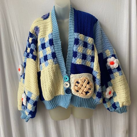 patchwork cardigan, blue and blueberry, food clothes, pie cardigan, fruit patchwork cardigan, by hawtology Strawberry Cardigan, Strawberry Sweater, Crochet Cardigan Tutorial, Handmade Cardigan, Patchwork Cardigan, Mode Zara, Pull Crochet, Crochet Design Pattern, Crochet Inspo