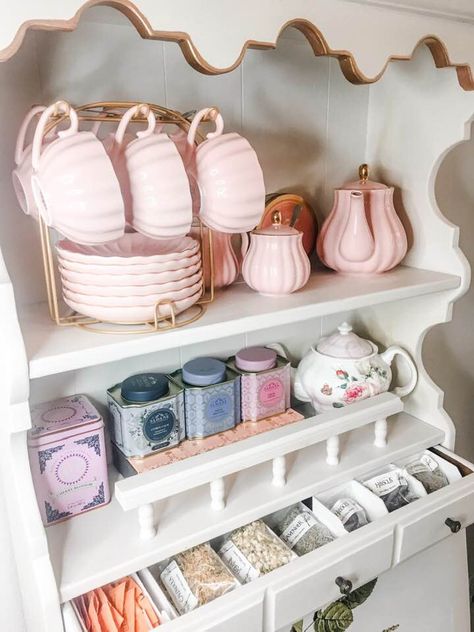 Tea Kitchen Ideas, Tea Set Display Cabinet, Tea Center In Kitchen, Cute Cabinets Ideas, Tea Cup Cabinet Display, Tea Set Display Ideas Modern, Tea Display Ideas Storage, Tea Section Ideas, Modern Tea Cup Display