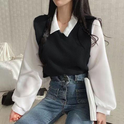 Y2k Polo Collar False Two-piece Blouse Women Spring Casual Korean Shirt Vintage Loose Pullover Tops Jeans Top Outfit, Korean Blouses, Blouse Korean Style, Korean Shirt, Korean Top, Y2k Tops, Loose Pullover, Top Streetwear, Elegant Blouses