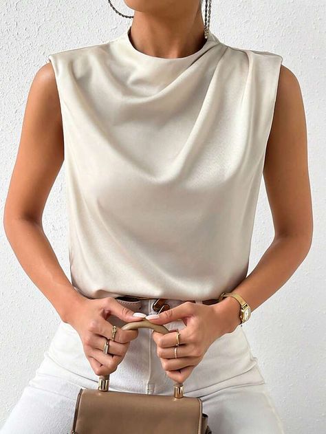 Free Returns ✓ Free Shipping✓. SHEIN Frenchy Solid Sleeveless Satin Blouse- Women Blouses at SHEIN. Silk Top Outfit, Silk Blouse Outfit, Silk Tops Blouses, Women Blouses Fashion, Beige Outfit, Beige Top, Elegant Blouses, Elegantes Outfit, Satin Blouse