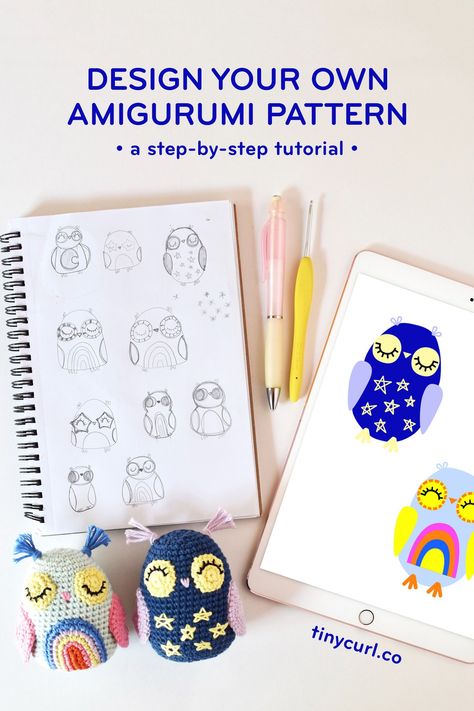 Learn how to design your own amigurumi crochet pattern with this step-by-step tutorial. I’ll take you through my entire pattern design process from inspiration to finished product! #crochettutorial #crochet #amigurumi Crocheting For Beginners, Tiny Curls, Crochet Patterns Ideas, Owl Crochet Patterns, Crochet Abbreviations, Amigurumi Tutorial, Crochet Amigurumi Free Patterns, Manta Crochet, Owl Patterns