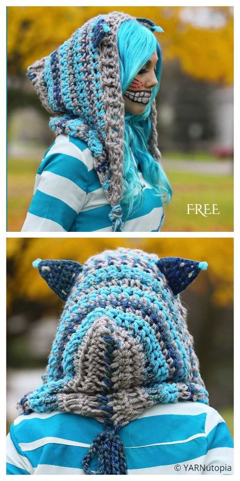 Crochet Cuddly Cat Scoodie Free Crochet Pattern & Paid Hooded Scarf Crochet Free Pattern, Crochet Cheshire Cat, Crochet Patterns For Hats, Crochet Scoodie Pattern, Scoodie Crochet, Cheshire Cat Hoodie, Crochet Hooded Scarf Pattern, Hekel Patrone, Crochet Cat Hat