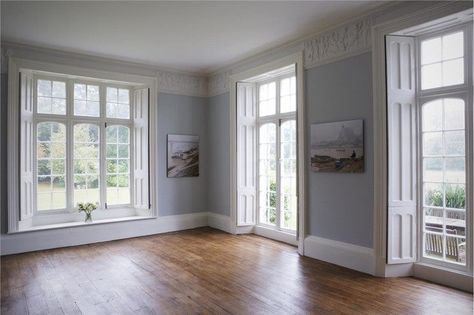 Lounge with walls in Skylight Estate Emulsion, woodwork in Wimborne White, detailing in Strong White Soft Distemper and ceiling in All White Estate Emulsion. Skylight Living Room, Borrowed Light, Wimborne White, Oval Room Blue, New Paint Colors, Colour Story, Wall Exterior, Metal Kitchen, Exterior Wood