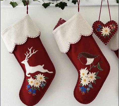 Embroidered Stocking, Embroidered Christmas Stocking, Traditional Christmas Stockings, Embroidered Stockings, Robin Christmas, Wool Stockings, Red Christmas Stockings, Christmas Robin, Vintage Christmas Stockings