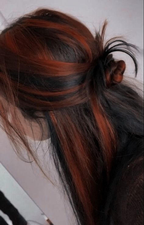 Brown Hair Copper Peekaboo, Dyed Hair For Brown Skin Tone, Ginger Hair Black Underneath, Perimeter Dyed Hair, Copper With Black Highlights, Black And Orange Highlights, Auburn Peekaboo Highlights, Red Hair Black Peekaboo, Ginger Hair Black Streaks