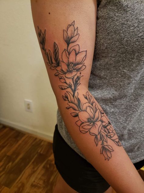 Flower Mid Arm Tattoo, Inside Arm Flower Tattoo, Asher Flower Tattoo, Outer Lower Arm Tattoos For Women, Outer Bicep Tattoos For Women, Fall Flower Tattoo, Mid Arm Tattoos For Women, Mid Arm Tattoo, Big Flower Tattoos