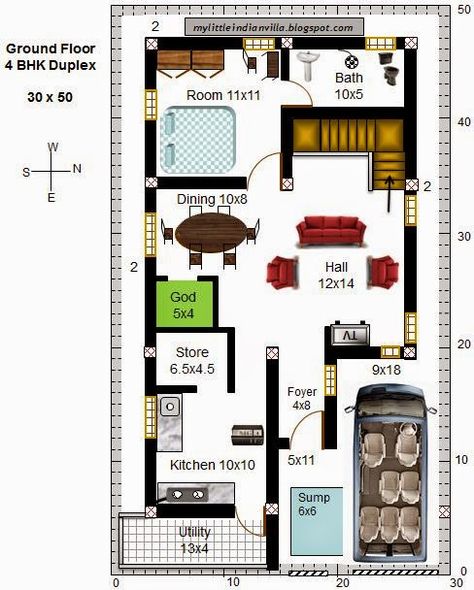 House Plans East Facing, Small Stairs, 30x50 House Plans, Duplex House Plan, South Facing House, 20x40 House Plans, 30x40 House Plans, Duplex Floor Plans, 2bhk House Plan