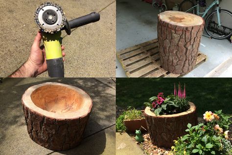 Log Planter Ideas, Tree Stumps Diy, Log Planters, Wooden Crosses Diy, Tree Stump Planter, Log Planter, Bee Friendly Garden, Yard Landscaping Simple, Garden Wood