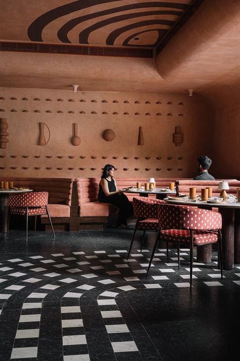 tactile earthen surfaces capture essence of jaipur at idyll restaurant in bengaluru Rooftop Restaurant Design, Pool Paving, Bar Restaurant Interior, Terracotta Roof, Granite Flooring, Popular Decor, Circular Table, Brick Architecture, Rooftop Restaurant