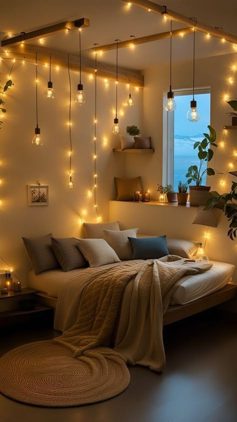 Calming Aesthetic Bedroom, Small One Bedroom Apartment Ideas Cozy, Calming Room Decor Ideas, Calm Lighting Bedroom, Bedroom Ideas Cute And Cozy, Spa Feel Bedroom Ideas, Beach Aesthetic House Decor, Small Beach House Bedroom Ideas, Small Zen Bedroom Ideas