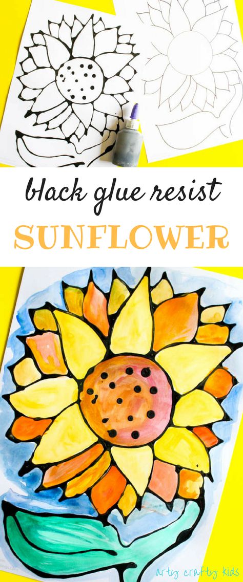 Arty Crafty Kids | Art | Black Glue Sunflower Art | A beautiful black glue sunflower art project for kids. Perfect for summer crafting. Fall Leaf Art Projects, Sunflower Art Project, September Art, Valentine Art Projects, Black Glue, Spring Art Projects, Sunflower Crafts, Glue Art, Art Project For Kids