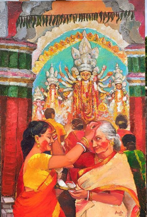 An arwork on Durga Puja Ritual of Hindus. Navratri Memory Drawing, Festival Composition Painting, Indian Festival Painting, Painting Competition Ideas, Subject Drawing, Festival Painting, Festival Paint, God Painting, Memory Drawing