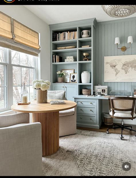 Home Office With Peninsula Desk, Light Blue Home Office, House Sunroom, Office Built Ins, Cozy Home Office, Small Home Offices, Office Nook, Office Guest Room, Guest Room Office