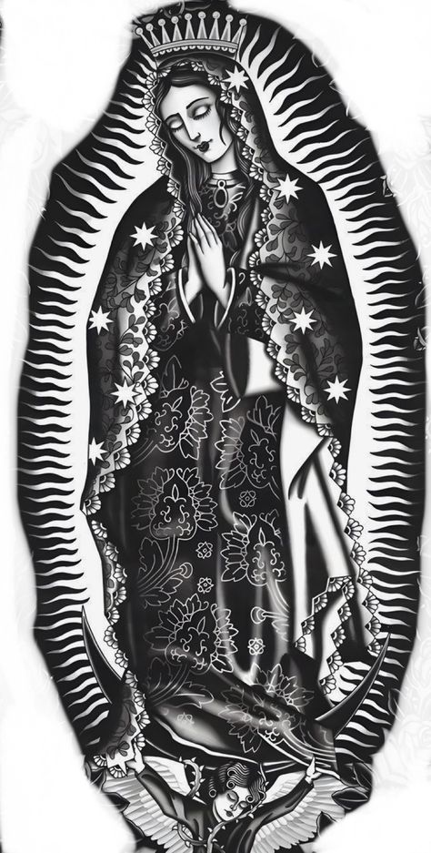 Mexican Polynesian Tattoo, Virgin Mary Back Tattoo For Men, Guerrero Mexico Tattoo, Mexican Arm Tattoo For Men, Tattoo Mary Virgin, Traditional Virgin Mary Tattoo Design, Shoulder Trap Tattoo, Mexicana Tattoo Design, Virgin Mary Tattoo Design Stencil