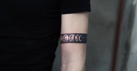 Wrist Band Tattoo, Left Arm Tattoos, Tattoo Band, Moon Phases Tattoo, Armband Tattoos, Planet Tattoos, Bicep Tattoo, Small Arm Tattoos, Arm Band Tattoo