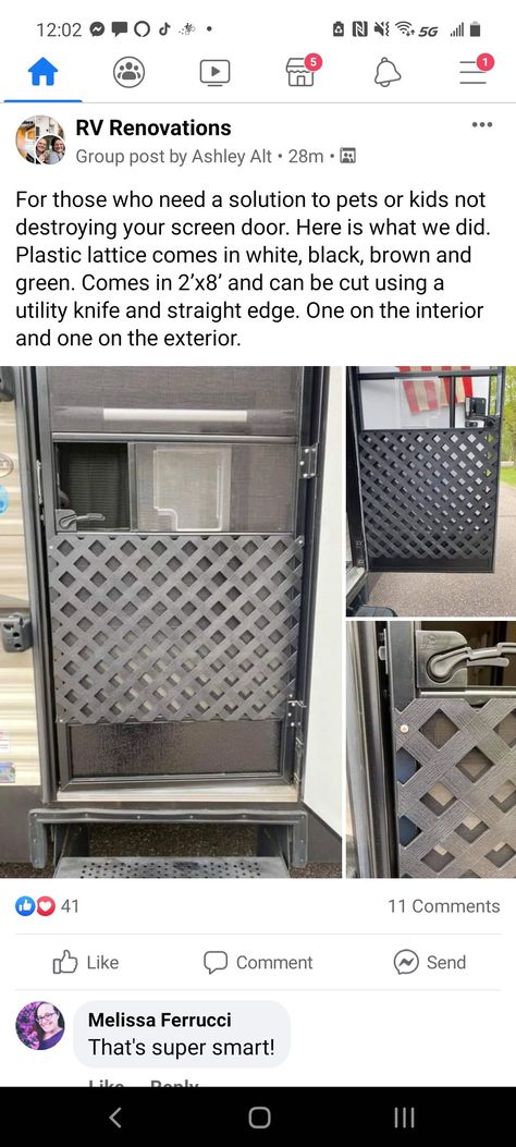 Travel Trailer Patio Ideas, Organization For Campers, Camper Living With Dogs, Camper Screen Door Protector, Small Travel Trailer Decorating Ideas, Camper Blinds Diy, 5th Wheel Remodel Ideas, Camper Camping Hacks, Wolf Pup Camper Mods