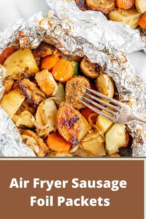 Foil Packets For Air Fryer, Air Fryer Hobo Packets, Air Fryer Foil Packets, Air Fryer Foil Packet Meals, Air Fryer Chicken Sausage, Chicken Sausage And Veggies, Hobo Packets, Foil Potatoes, Air Fryer Sausage