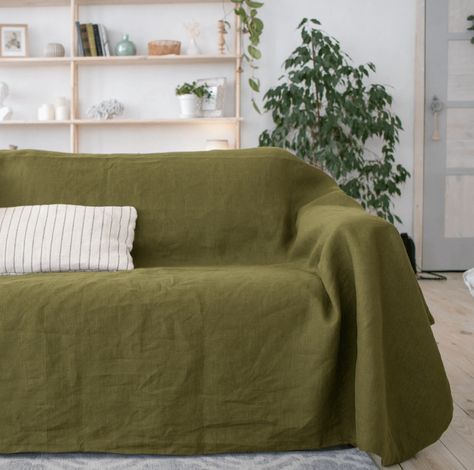 Best Couch Covers, Olive Green Couches, Linen Couch Cover, Natural Linen Sofa, Natural Sofas, Bohemian Sofa, Linen Couch, Cool Couches, Green Couch