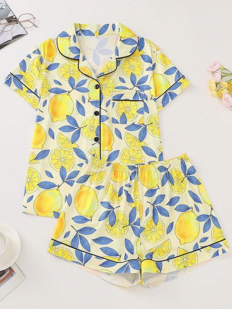 Fruit Lemon Print Women's Pajama Set, Turn-Down Collar Short Sleeve Top And Loose Shorts, Casual Women's Sleepwear And LoungewearI discovered amazing products on SHEIN.com, come check them out! Sleepwear Women Pajamas, Lapel Top, Women's Sleepwear, Lemon Print, Sleepwear & Loungewear, Shorts Casual, Loungewear Women, Womens Pyjama Sets, Sleepwear Sets