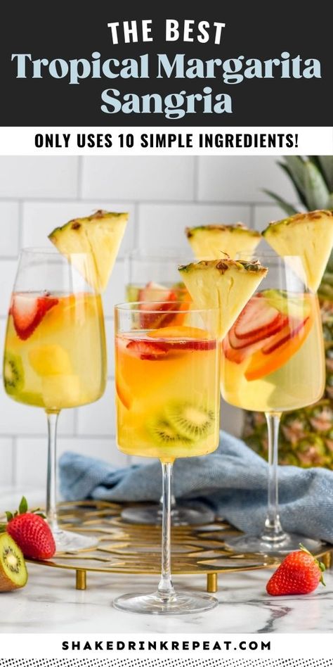 This Tropical Margarita Sangria recipe is a fun twist on traditional sangria. Combining the delightful flavor of a tropical cocktail and a margarita, this is such a delicious and easy cocktail recipe! Tropical Sangria Recipe, Tropical Margarita, Sangria Margarita, Tropical Sangria, Tiki Ideas, Margarita Sangria, Easy Cocktail Recipe, How To Make Sangria, Jalapeno Margarita