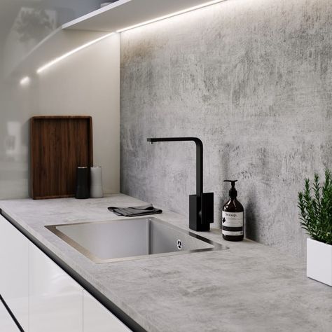 Howdens on Instagram: “Our concrete effect laminate worktop and backboard can be used to add character and make details, such as matt black profiles and taps,…” Modern Concrete Kitchen, Van Inspiration, Maximise Storage, Ikea Black, Flat Kitchen, Airy Bedroom, Kitchen Goals, Laminate Worktop, Handleless Kitchen