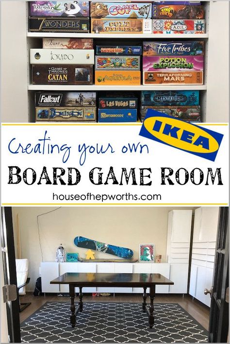 Turn a formal living into a board game room! We took our formal living and turned it into a designated board game room complete with IKEA sektion cabinets and Haggeby door fronts. Now we can all sit down together face-to-face and entertain ourselves with Board Games Room, Board Game Shelf, Deco Gamer, Ikea Sektion, Board Game Room, Small Game Rooms, Nerd Room, Board Game Storage, Game Room Family