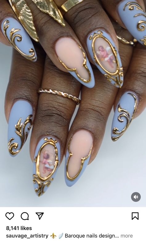 Angelic Nail Designs, Ornate Nail Designs, Cute Nail Ideas With Charms, Cameo Nail Art, Aphrodite Inspired Nails, Cherub Nails Designs, Medusa Nails Art, Angel Themed Nails, Italy Theme Nails