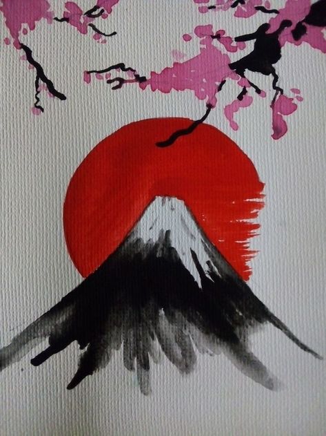 Japan Aesthetic Painting Easy, Chinese Art Simple, Easy Chinese Painting, Acrylic Japanese Painting, Japanese Easy Drawings, Japan Easy Drawing, Japan Canvas Painting, Japanese Simple Art, Japan Sketch Drawings