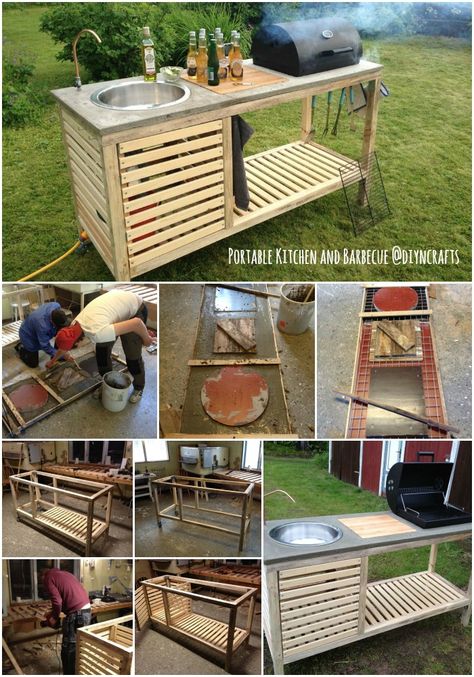 Brilliant Outdoor Project: Build Your Own All-in-One Portable Kitchen and Barbecue... Portable Kitchen, Built In Grill, Backyard Projects, Outdoor Kitchen Design, Barbacoa, Outdoor Projects, Pallet Furniture, Outdoor Cooking, Better Homes And Gardens