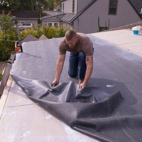 Used for replacemebt or repair of small flat roof projects: room additions, porch roofs, garages, breezeways, etc.. Quality commercial-grade, USA Made, 45 mil thick EPDM rubber membrane.. Long-lasting; highly resistant to mold, mildew, ozone, and UV degradation.. RoofKit Roofing Products Epdm 3/16-in T x 120-in W x 20-ft L Black Commercial/Residential 60A Durometer Rubber Roll | 7-1501011-1 Flat Roof Waterproofing, Porch Roofs, Diy Siding, Sunroom Roof, Flat Roof Covering, Porch Roof Design, Mobile Home Roof, Epdm Rubber Roofing, Patio Under Decks