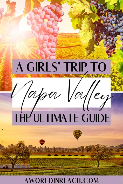 A photo of grapes at a winery in Napa Valley and of two hot air balloons over Napa Valley with text overlay reading "A Girls' Trip to Napa Valley The Ultimate Guide" Napa Valley Itinerary, American Roadtrip, Napa Valley Trip, Napa Trip, West Coast Travel, Friends Trip, Girls Trips, Usa Roadtrip, Trip Destinations