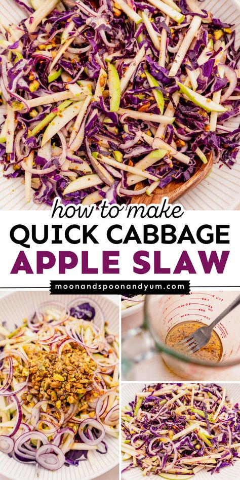 This Labor Day party food idea is a healthy alternative to the classic coleslaw recipe! This apple cabbage slaw is gluten-free, vegan, and vegetarian. Crisp with sweet and tangy flavors, this Quick Cabbage Apple Slaw is one of the best summer BBQ side dishes! Red Cabbage Green Apple Slaw, Apple Slaw No Mayo, Purple Cabbage Slaw For Pulled Pork, Apple Cabbage Slaw Recipe, Cabbage And Apple Salad Recipes, Cabbage And Apple Slaw, Recipes With Bagged Coleslaw, Cabbage Apple Salad Recipes, Labor Day Food Ideas Side Dishes