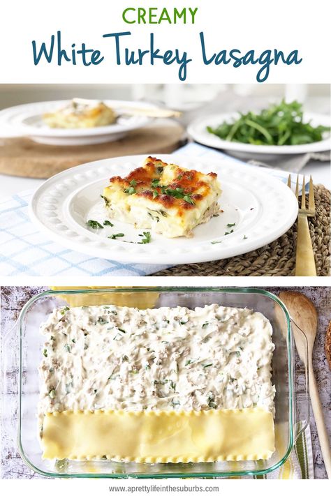 A Creamy White Turkey Lasagna Recipe with a creamy white cheese sauce, lean and delicious ground turkey, fresh spinach and lasagna noodles.  Quick and tasty! Spinach Turkey Lasagna, Turkey Lasagna Recipe With Ricotta, Turkey Lasagna Recipe, White Lasagna Recipe, Ground Turkey Lasagna, White Sauce Lasagna, White Cheese Sauce, White Pasta Sauce Recipe, Roasted Vegetable Lasagna