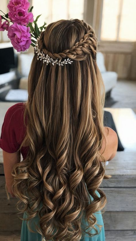 Hairstyle For Wedding Long Hair, Wedding Hair Styles Straight Hair, Long Straight Hair Prom Hairstyles, Cute Dress Hairstyles, Classy Prom Hair Down, Elegant Wedding Hairstyles For Long Hair, Hairstyles In Straight Hair, Half Straight Half Curly Hair, Half Hairstyles For Long Hair