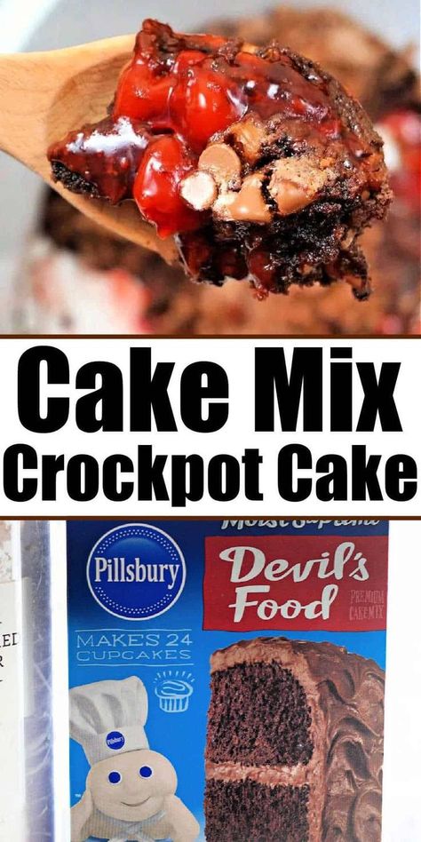 This Crockpot Lava Cake Recipe is rich, ooey, gooey, and decadent. Super easy to make with cake mix, this Crockpot lava cake is the best dump cake crockpot dessert we have ever made.  Simply, dump the ingredients in your slow cooker and it's ready around dinner time. Our lava cake is packed with cherry pie filling, chocolate cake mix, and chocolate chips! Perfect for dessert or whenever you want to indulge your sweet tooth. Your family will LOVE this semi homemade, mouthwatering treat. Crockpot Dessert Recipes Cake Mixes, Slow Cooker Cake Mix Recipes, Crockpot Lava Cake Recipe, Slow Cooker Desserts Easy, Crockpot Desserts Easy, Crockpot Dump Cake, Crockpot Chocolate Lava Cake, Dump Cake Crockpot, Crockpot Chocolate Cake