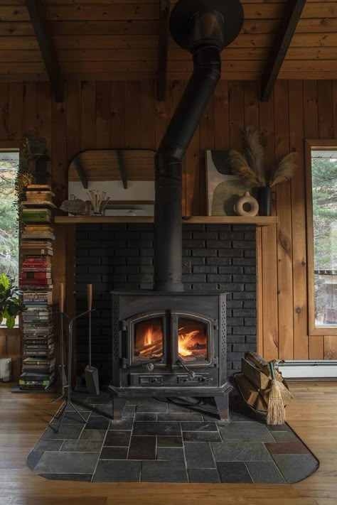 Wood Stove | HOME Wood Burning Stove With Mantle Behind, Black Brick Wood Stove Hearth, Wood Stove Seating Area, Wood Burning Stove Outdoor, Shiplap Behind Wood Burning Stove, A Frame Wood Stove, Stone Hearth Wood Stove, Corner Wood Stove Living Room, Wood Burning Stove Bedroom