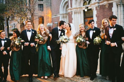 Black Tie Emerald Green Wedding, Hunter Green Bridesmaid Dress Winter, Winter Wedding Green Bridesmaid, Green Velvet Winter Wedding, Emerald Green Bridesmaid Dresses Fall With Groomsmen, Emerald Green Wedding Party Attire, Emerald Green Wedding Bridal Party, Emerald Green Bridesmaid And Groomsmen, Christmas Wedding Emerald Green