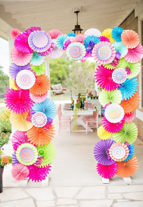 Colorful Cacti and Candy Summer Soirée // Hostess with the Mostess® Summer Garden Party Ideas, Cactus Candy, Fan Backdrop, Desert Bachelorette, Garden Party Ideas, Candy Theme Birthday Party, Candy Themed Party, Gate Decoration, Lobby Decor