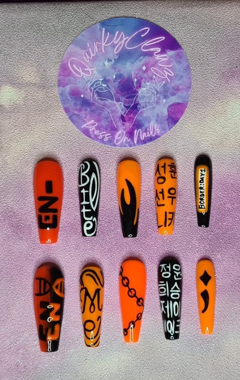 Enhypen Engene Black Orange K-pop Themed Hand Painted Press on Nails Enhypen Nails, K Pop Nails, Boys Names, Group Logo, Fake Nails Designs, Halloween Press On Nails, Pretty Gel Nails, Simple Nail Designs, Bling Nails