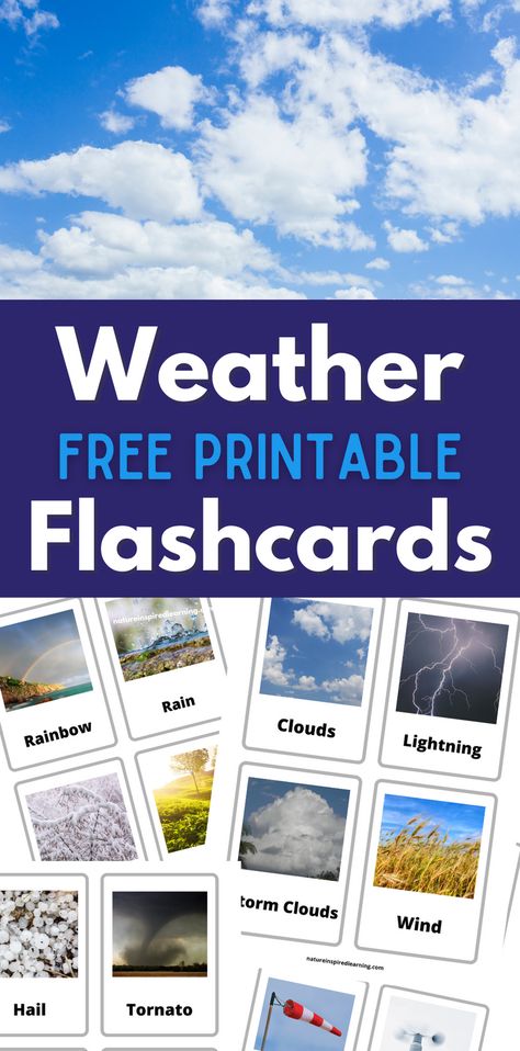 Printable Flashcards with Weather Words! Explore the wonderful world of weather with your kids. Real life photographs with easy to read text. Print and Go learning resources for parents and teachers. Flashcards for preschool, kindergarten, 1st, 2nd, and 3rd grade! Homeschool Weather Chart, Weather Unit Kindergarten, Weather Printables, Weather Unit Study, Weather Flashcards, Homeschooling Elementary, Weather Activities Preschool, Weather Song, Weather Activities For Kids