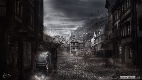 Town before storm Creepy Backgrounds, Art Noir, Jeepers Creepers, Dark City, 다크 판타지, Fantasy City, Gothic Horror, Arte Obscura, Fantasy Places