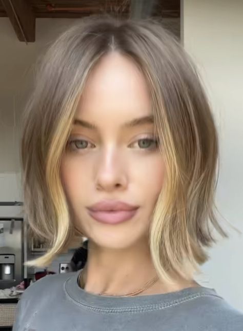 Short Dark Blonde Bob, Blonde Bob Brown Eyes, Hailey Drew Polk Hair, Natural Blonde Balayage Short Hair, Short Dark Hair Highlights, Blond Balayage Short Hair, Bob Light Brown Hair, Hailey Polk Hair, Creamy Blonde Bob