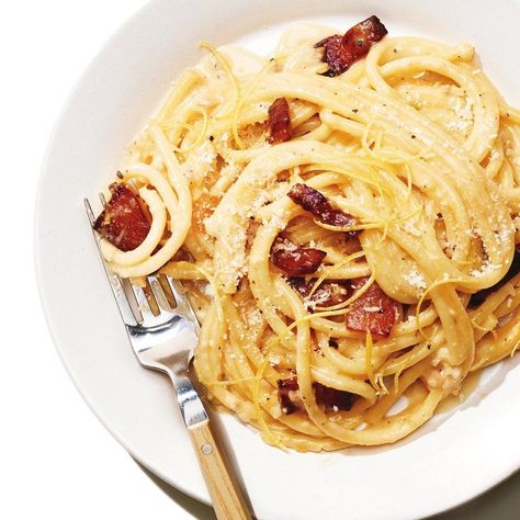 Bucatini with Lemony Carbonara- Lemon makes the perfect foil for carbonara’s salty richness. You may never go back Romantic Dinner Recipes For Two, Dinners For Two, Pancetta Recipes, Carbonara Recipe, Carbonara Pasta, Romantic Dinner Recipes, Pasta Dinners, Dinner Recipes For Two, Easy Pasta Recipes