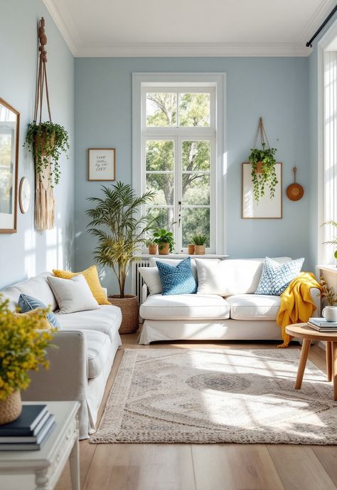 Blue and Yellow Boho Decor Living Room Inspiration Yellow, Grey Yellow Blue Living Room, Light And Bright Home Decor, Royal Blue And Yellow Living Room, Yellow And Blue Living Room, Living Room With Yellow Accents, Blue And Yellow Aesthetic, Blue And Yellow Living Room, Grey And Yellow Living Room