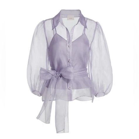 Nwot Cinq A Sept Marion Tie Waist Organza Silk Blouse Size: Xs Fabric: 100% Silk Color: Lilac Smoke A Glamorous Sheer Design Cinched At The Waist With A Self-Tie Belt, This Blouse Is Fit For Any Occasion. Details: Spread Collar Three-Quarter Puff Sleeves Button Front Self-Tie Belt At Waist Silk Lining: Polyester Dry Clean Imported Size & Fit About 25" From Shoulder To Hem Model Measurements: 5'10" Tall Model Is Wearing A Us Size: Small New, Never Worn. Missing Label And Tag On Sheer Blouse. Come Organza Tops, Organza Styles, Organza Jacket, Organza Shirt, Organza Blouse, Organza Top, Cinq A Sept, Organza Fabric, Satin Top