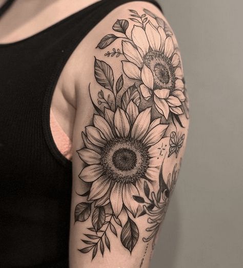 Single Tattoos, Tattoo Brazo Mujer, Half Sleeve Tattoo Upper Arm, Mangas Tattoo, Sunflower Tattoo Sleeve, Sunflower Tattoo Shoulder, Vogel Tattoo, Daffodil Tattoo, Tattoo Shading