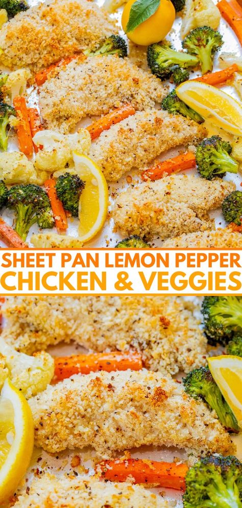 Sheet Pan Lemon Pepper Chicken and Vegetables - 🍗🍋🥦🥕 An EASY 30-minute sheet pan meal that's healthy and full of zesty lemon pepper flavor in every bite! The chicken is juicy on the inside and crispy on the outside without having to fry it! You can customize the veggie choices based on your favorites!'s healthy and full of zesty lemon pepper flavor in every bite! The chicken is juicy on the inside and crispy on the outside without having to fry it! You can customize the veggie choices based Chicken Oven Recipes With Veggies, Honey Mustard Chicken And Veggies, Chicken Legs Sheet Pan Dinner, Sheet Pan Roasted Chicken And Vegetables, Lemon Chicken Sheet Pan Dinner, Lemon Pepper Chicken And Potatoes, Sheet Pan Chicken And Potatoes, Lemon Pepper Chicken Pasta, Sheet Pan Chicken And Veggies